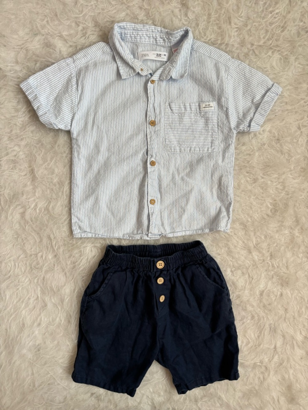 Zara Baby Minimalist Light Blue & White Striped Button Down Shirt & Shorts Set